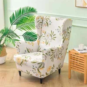 Flowers Printed Wing Chair Cover Stretch Spandex Armchair Covers Chair Slipcover - Picture 1 of 43