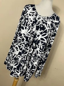 Laura Ashley 2X Shirt Top Blue White Stretch Long Sleeve Travel Knit Woman F3 - Picture 1 of 6