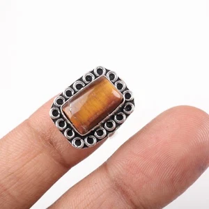 Rectangle Yellow Tiger's Eye Gemstone Stackable Bezel Ring Size 8 Silver Finish - Picture 1 of 6