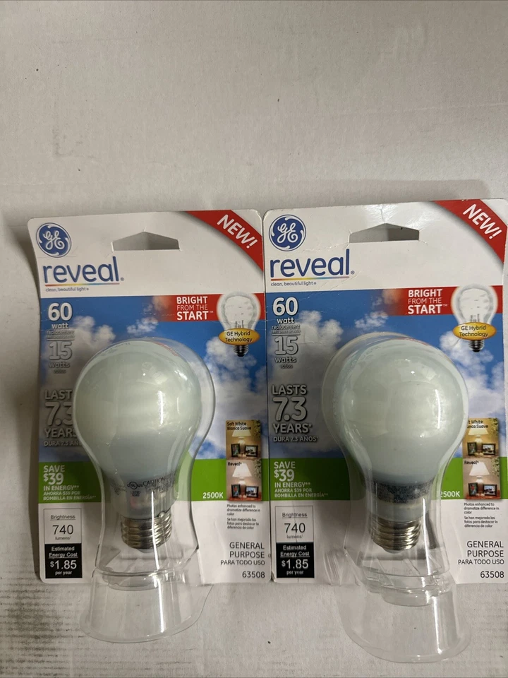 (2) GE Lighting 63508 Reveal Bright from the Start CFL 15-Watt~60w replacement - Image 1 of 1