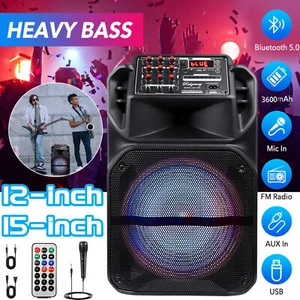 Przenośny 12" 15'' Subwoofer Głośnik Bluetooth Heavy Bass DJ Impreza z mikrofonem AUX FM - Zdjęcie 1 z 16
