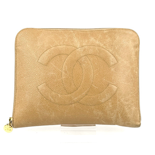 Borsa pochette CHANEL pelle di vitello pelle di caviaro beige marchio CC autentica