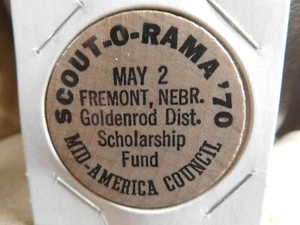 DS SCOUT BSA 1970 SCOUT-O-RAMA WOODEN NICKEL MID-AMERICA CN FREMONT NE 60TH ANNV - Picture 1 of 4