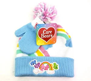 Care Bears Girls OSFM Blue Pink Winter Knit Pom Beanie Hat Mittens Set - Picture 1 of 5
