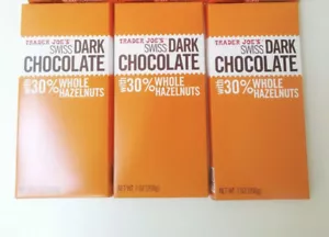 3 PACKS TRADER JOE'S SWISS DARK CHOCOLATE WITH 30% WHOLE HAZELNUTS 7-OZ BARS - Picture 1 of 5