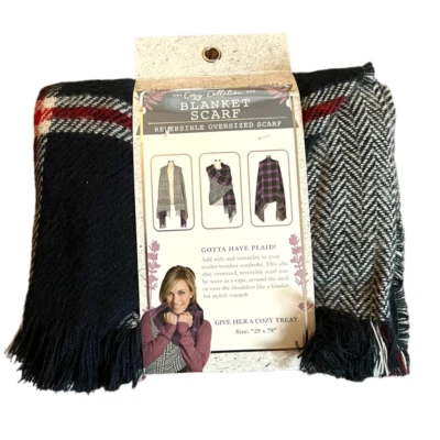 NUEVO CON ETIQUETAS Bufanda Manta Reversible Grande a Cuadros y Espiga Roja, Crema Azul Marino Foto 1 de 4