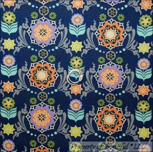 BonEful Fabric Cotton Navy Blue Orange Flower Damask Easter Spring BOHO MI SCRAP - Picture 1 of 8