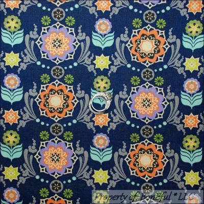 Tela BonEful FQ Algodón Azul Marino Naranja Flor Damasco Étnica Niña Primavera BOHO Foto 1 de 4