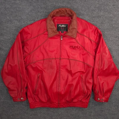 Vintage FUBU Genuine Leather Bomber Jacket Mens XXL Red Hip Hop Street 90s Y2K - Image 1 of 4