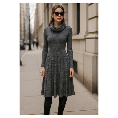 Vestido Suéter Calvin Klein Cuello Capucha M Gris Negro Ajuste y Acampanado Tejido Manga Larga Foto 1 de 4