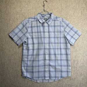 Stio Mens Large Shirt Blue Plaid Short Sleeve Pearl Snap Cotton Linen Blend Eddy - Picture 1 of 14