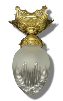 GRANDE SUSPENSION / PLAFONNIER OGIVE STYLE LOUIS XVI - BRONZE & VERRE - 32,5 cm - Photo 1/4