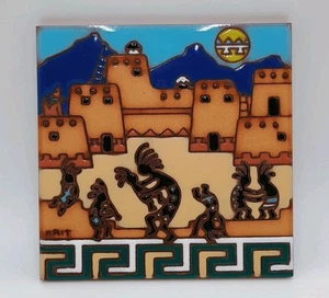 Kokopelli Hand Painted Tile Wall Art Flute Player 1996 Signed KRit Earthtones - Picture 1 of 6