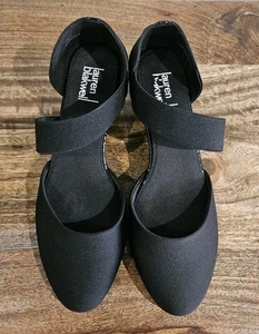 Ladies 8.5 Black Fabric Lauren Blakwell Wedges Elastic Strap Patent Leather Heel - Picture 1 of 10