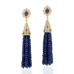 Blue Sapphire And Diamond Tassel Earrings 18k Yellow Gold Vintage Handmade Gift - Picture 1 of 6