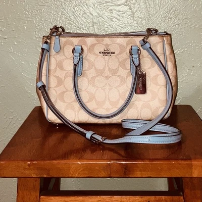 COACH MINI SURREY TAN/SKY BLUE DBL HANDLE/TOP ZIP SATCHEL CROSS-BODY F67027 - Image 1 of 4