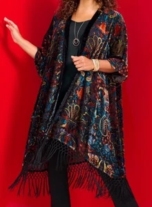 Roman’s Women’s Plus Size Burnout Velvet Fringe Wrap Kimono Style 1X/2X NWT - Picture 1 of 4