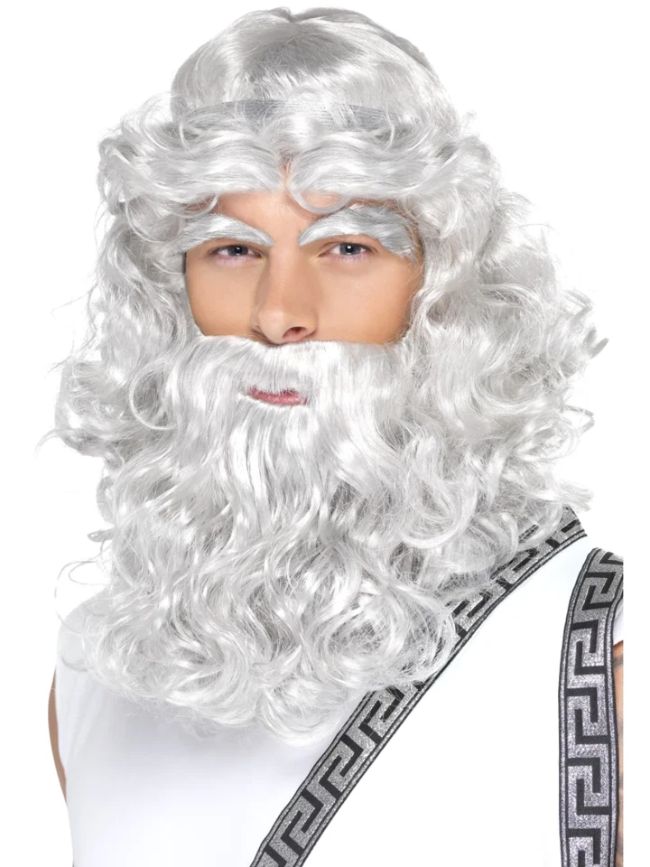 Roman Greek God Zeus Wig Beard Eye Brows Long Grey Mens Fancy Dress - Image 1 of 1