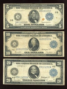 Set of 1914 $5 $10 $20  Blue seal Federal Reserve Notes Large Size - Picture 1 of 2