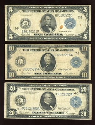 Set of 1914 $5 $10 $20  Blue seal Federal Reserve Notes Large Size - Image 1 of 2