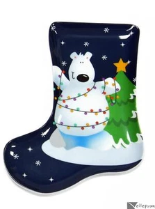 Christmas Tree Polar Bear Stocking Shape 9.5" Plastic Serving Plate, Blue White - Picture 1 of 1