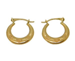9ct Yellow Gold & Heart Pattern Hook Earrings Vintage c1970 - Picture 1 of 3
