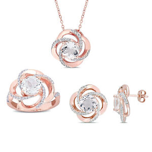 Amour Rose Plated Sterling Silver White Topaz Swirl Floral Halo Jewelry Set