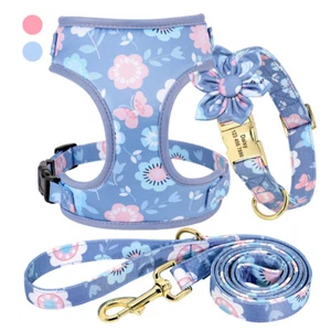 Floral Personalised Dog Collar + Harness + Lead set Adjustable for Small/Large - Picture 1 of 14
