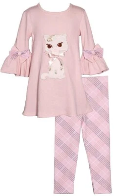NWT Bonnie Jean Girls Pants Set Size 5 Pink Plaid Bows Bell Sleeve Cat Applique - Image 1 of 2