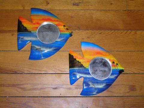 Estate Lot of 2 Blue & Orange Painted Wood Ocean Fish w Dolphins & Round Mirror Cover
