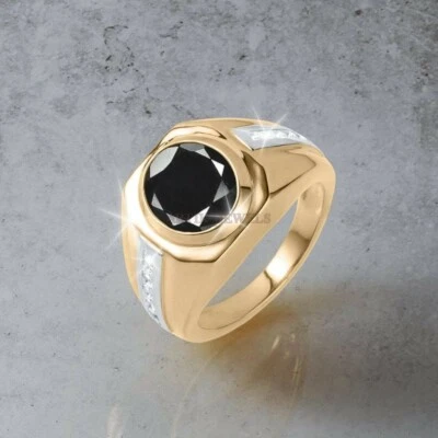 Piedra preciosa de ónix negro natural con anillo de plata enchapado en oro de 14K para hombre #1212 Foto 1 de 4