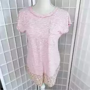 NWT Mododoc Pink White Stripe Multicolor Floral Short Sleeve Top Small - Picture 1 of 10