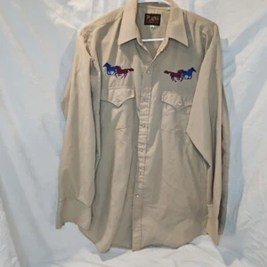 PLAINS WESTERN WEAR Mens L Pearl Snap Shirt Embroidered Horses - Picture 1 of 4