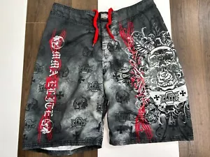 MMA Elite Mens Size M Gray Smoke Skull Iron Cross Pattern Shorts Drawstring - Picture 1 of 10