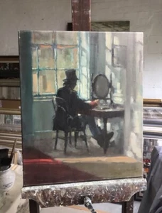 RARE ORIGINAL DENNIS SYRETT "The Magician" magic circle mysterious OIL PAINTING - Picture 1 of 3