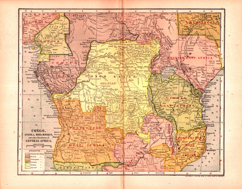 CONGO, ANGOLA, MOZAMBIQUE, CENTRAL AFRICA Antique authentic map 1904 - Image 1 of 1