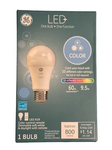 GE 93100352 LED+ Color 800 Lumens 9.5-Watt 60w A19 w/ REMOTE CONTROL **NEW** - Picture 1 of 3