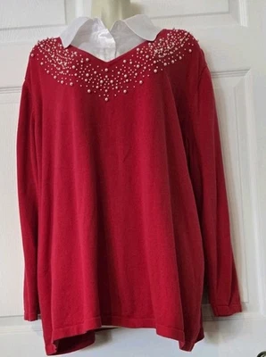 Quacker Factory Women's Pearl Embellished Red Sweater/ White Shirt Collar Sz 3X - Image 1 of 4