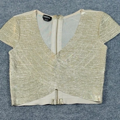 Top corto Bebe grande dorado metálico con cuello en V envuelto festivo brillante glamour vida nocturna Foto 1 de 4