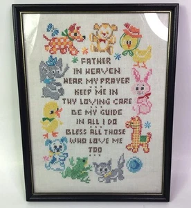 Frame Embroidered FATHER IN HEAVEN Prayer Nursery Picture Animals 16x12 - Picture 1 of 8