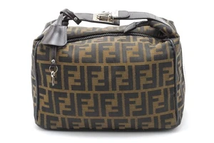 FENDI Zucca HandBag bag Vanity Pouch Purse with key FF Canvas Leather Brown - Picture 1 of 8