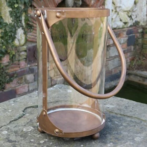 Industrial Glass Cylinder Hurricane Candle Lantern with Handle in Copper Finish - Picture 1 of 9
