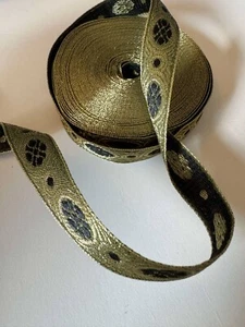 Vintage Black & Gold Medallions Jacquard Brocade Ribbon 9/16" wide -2 Yards- - Picture 1 of 3