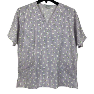 Cherokee Scrub Top Womans Size L Has Pockets Blue and Pink Check With Flowers - Picture 1 of 7