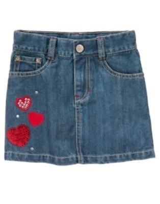 GYMBOREE VALENTINES DAY DENIM RED GLITTER HEART HEM SKIRT 4 7 8 NWT  - Image 1 of 2
