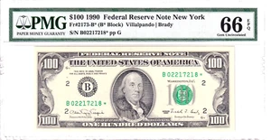 1990 $100 FRN Note New York **STAR** Top Pop 5/0 PMG 66EPQ #B02217218* - Picture 1 of 2