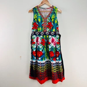 Orientique Shift Dress 10 Hibiscus Blue Red Green Yellow Abstract Boho Floral - Picture 1 of 22