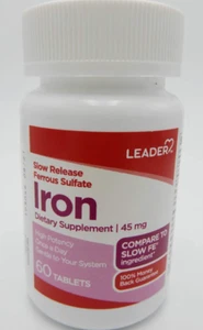 (2PK) Leader Slow Release Ferrous Sulfate/Iron 45 mg, 60 Tablets 096295135688VL - Picture 1 of 1