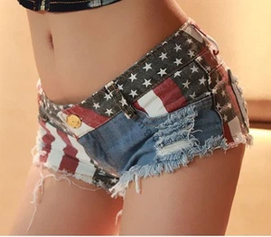Women Girl US Flag Star Stripes Mini Jeans Shorts Pants Trousers Denim Low Waist - Picture 1 of 9