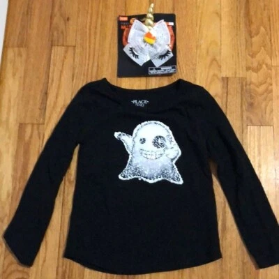 Children’s place flippable ghost Halloween long sleeve shirt 5/6 & candycorn bow - Image 1 of 4